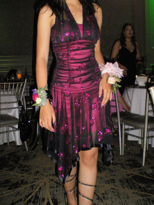 Vintage A Line Halter Sequin Black Tulle Pink Satin Homecoming Dress Cocktail Dress SH3478