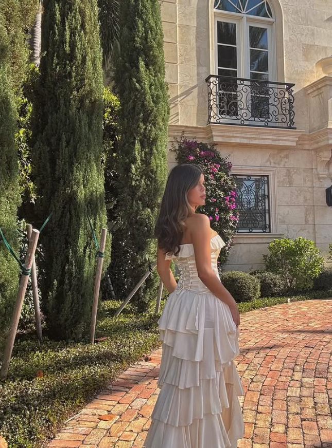 Elegant A Line Strapless White Layered Satin Prom Dress Party Dress with Slit SH4607