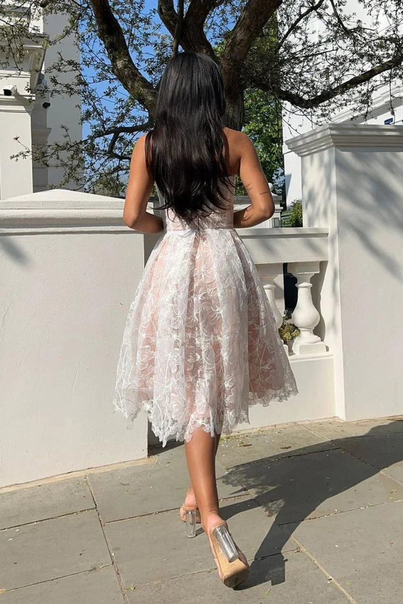 Charming A Line Sweetheart White Lace Tea Length Prom Dress with Appliques SH7987