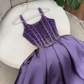 Purple A Line Spaghetti Strap Beaded Pearls Satin Long Prom Dress Evening Dress SH2265