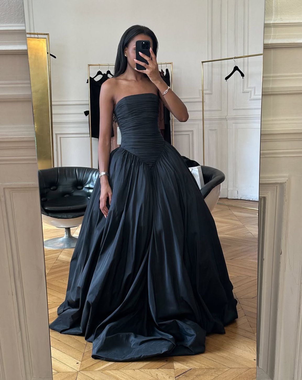Black A Line Strapless Pleated Satin Long Prom Dress Evening Dress SH9004