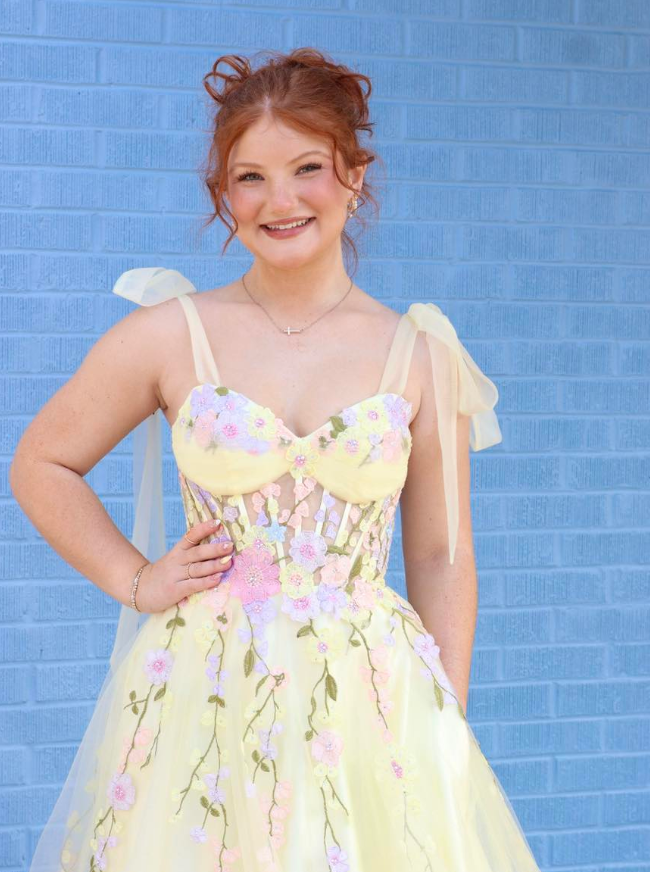 Light Yellow A Line Colorful Appliques Tulle Prom Dress Party Evening Dress SH7221