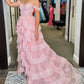 Luxurious A Line Off the Shoulder Corset Pink Lace Layered Tulle Prom Dress Evening Dress SH6366