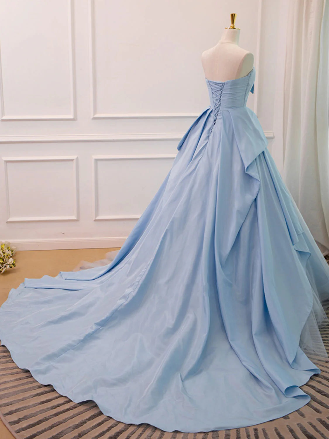 A Line Sweetheart Neck Blue Satin Tulle Long Prom Dress Evening Dress SH1734