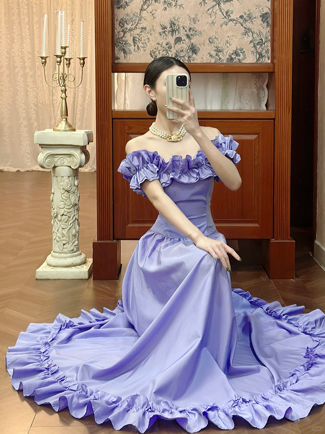 Vintage Purple A Line Off the Shoulder Ruffle Satin Long Prom Dress SH5174