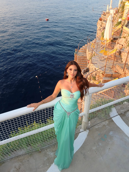 Turquoise Sheath Sweetheart Neck Shiny Rhinestone Chiffon Prom Dress SH8547
