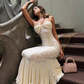 Beautiful Mermaid Spaghetti Strap Ivory Polka Dot Satin Prom Dress Evening Dress SH8516