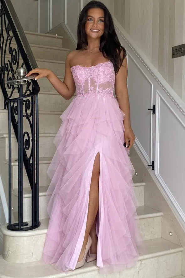 Coral A Line Sweetheart Neck Layered Tulle Long Wedding Guest Dress Evening Dress with Slit SH2918