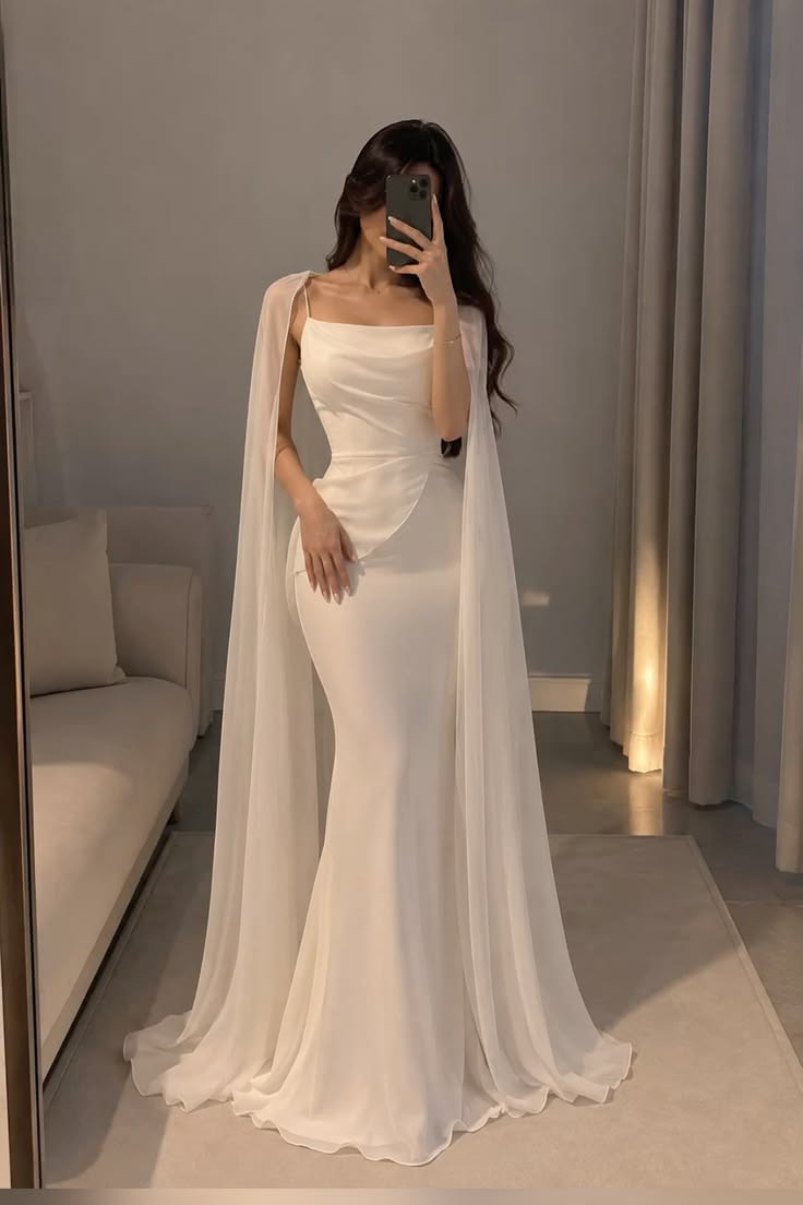 Romantic Mermaid Spaghetti Strap White Chiffon Long Prom Dress SH8760