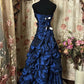 Vintage Navy Blue A Line Sweetheart Neck Beaded Pleated Satin Prom Dress Evening Dress SH5664
