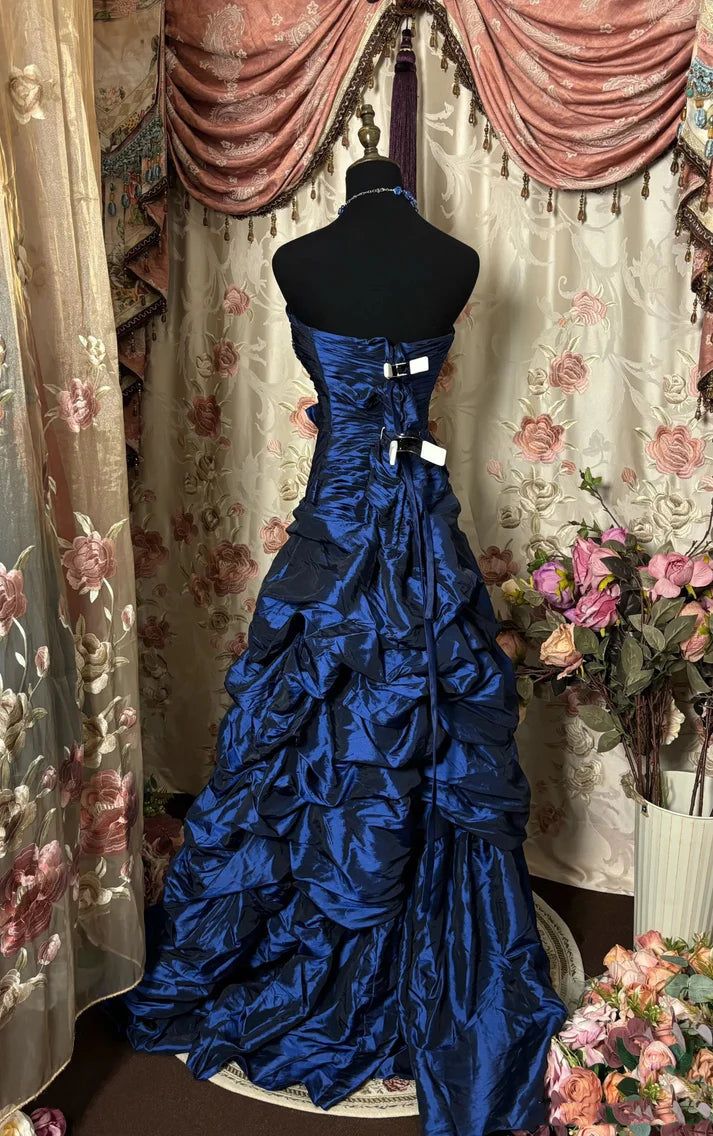 Vintage Navy Blue A Line Sweetheart Neck Beaded Pleated Satin Prom Dress Evening Dress SH5664