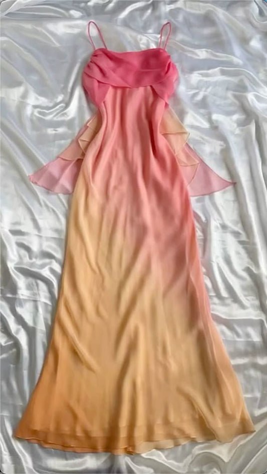 Unique A Line Spaghetti Strap Orange Pink Ombre Chiffon Evening Dress Party Dress SH2678