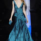 Dark Blue Classy Mermaid V Neck Sexy Beaded Satin Long Prom Dress Evening Dress SH3453