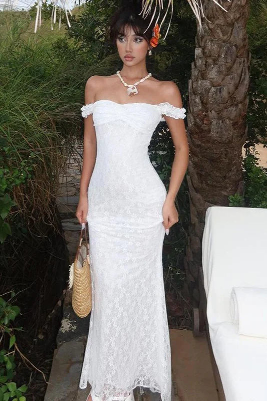 Sexy White Mermaid Spaghetti Strap Lace Long Prom Dress Evening Dress SH5752