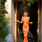 Sexy Sheath Spaghetti Straps Orange Print Floral Satin Long Prom Dress Outfits SH4331