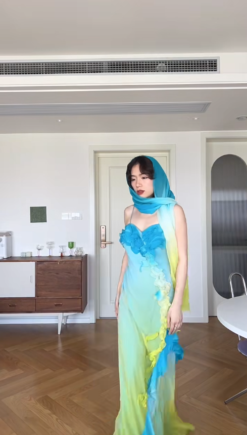 Vintage Sheath Spaghetti Strap Ruffle Yellow Blue Ombre Chiffon Prom Dress Wedding Guest Dress SH4550