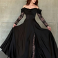 Elegant Black A Line Long Sleeve Lace Satin Prom Dress Evening Dress SH6013