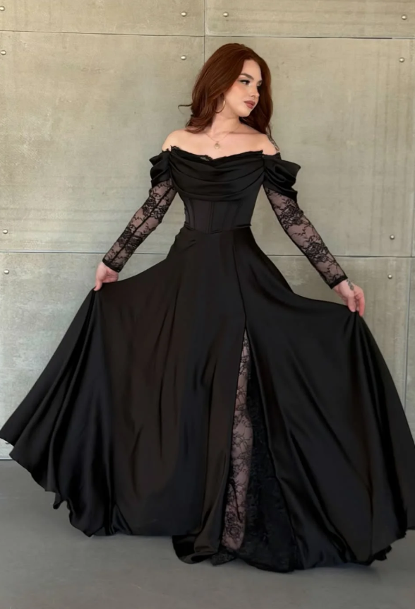 Elegant Black A Line Long Sleeve Lace Satin Prom Dress Evening Dress SH6013
