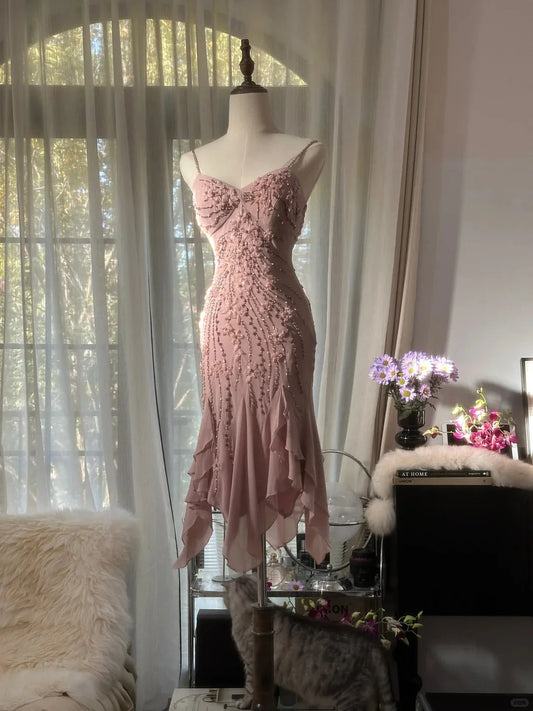 Cute Mermaid Spaghetti Strap Beaded Ruffle Pink Chiffon Short Homecoming Dress Birthday Dress SH2883