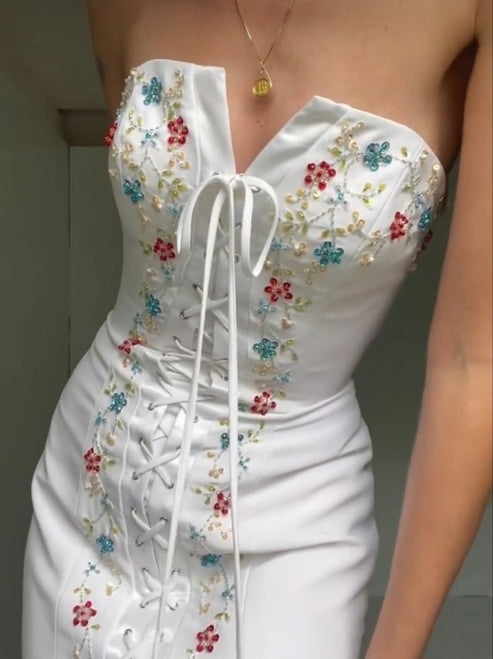 Pretty White Strapless Satin Organza Bow Mermaid Evening Dress,Formal Prom Dress Wedding Dress Y8679