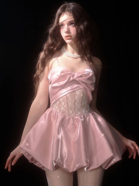 Cute Pink A Line Spaghetti Straps Lace Satin Short Homecoming Prom Dress Cocktail Dress SH4295