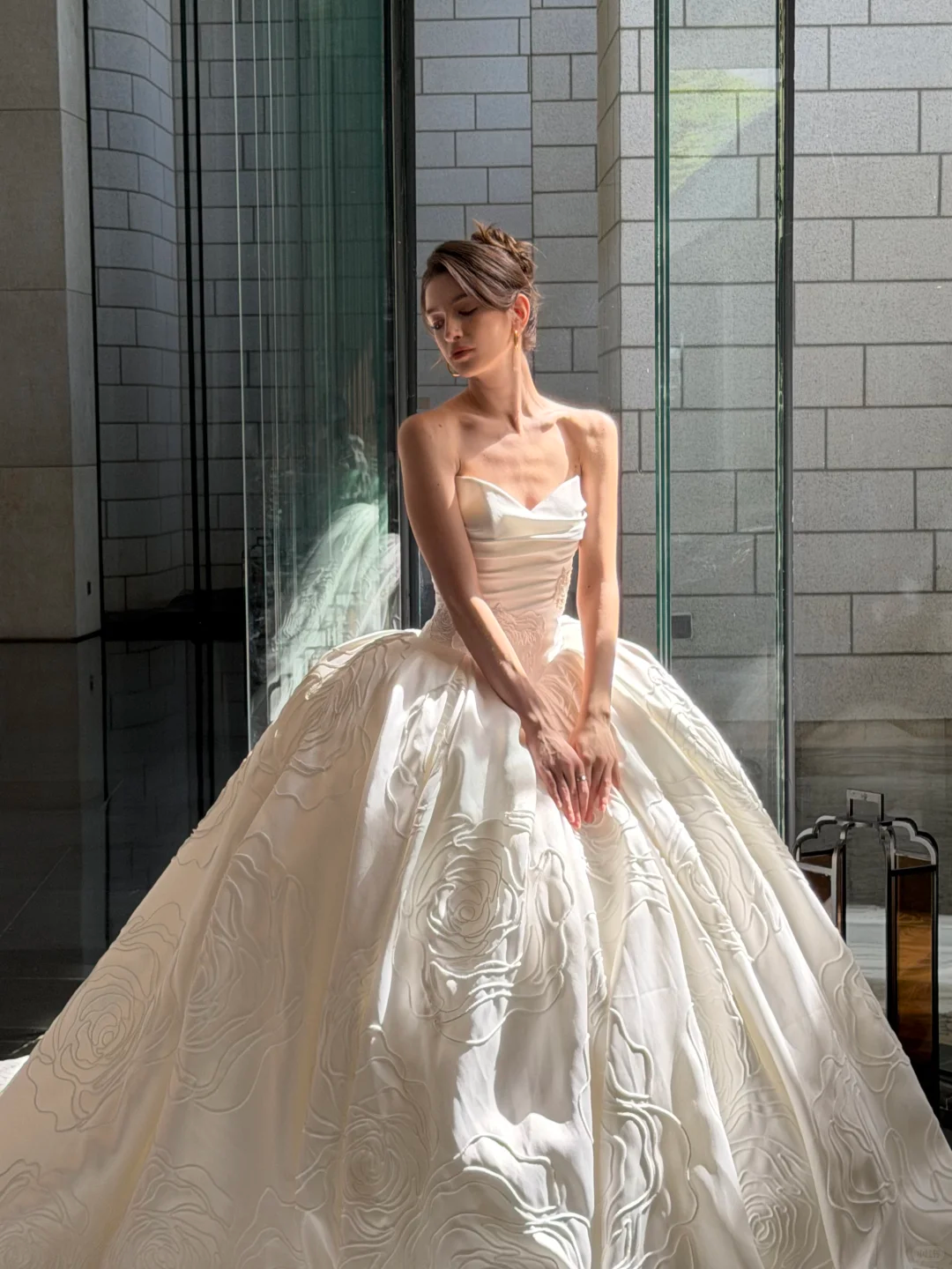 Rose Ball Gown Strapless White Satin Long Sweep Wedding Dress SH5279