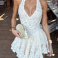Sweety Ivory A Line Halter Lace Backless Short Homecoming Dress Mini Dress SH8045