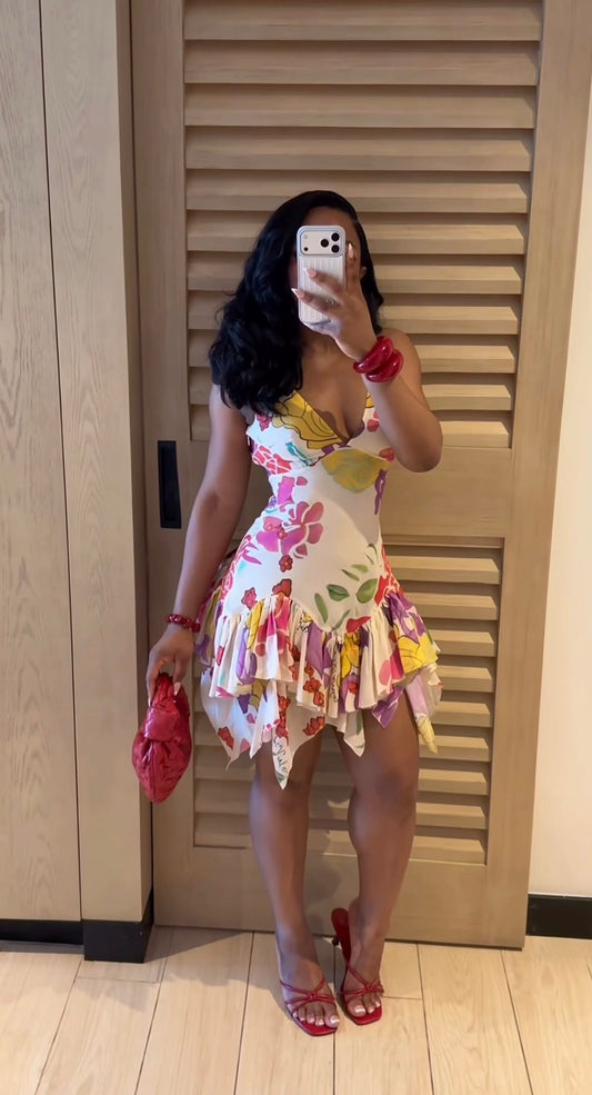 Colorful A Line V Neck Print Floral Chiffon Short Homecoming Dress Outfits SH5741