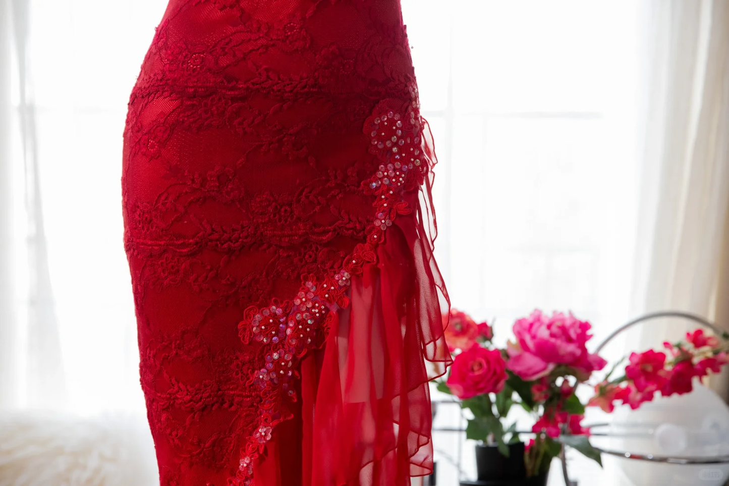 Sexy Sheath Spaghetti Strap Red Lace Chiffon Party Dress Evening Dress SH2956