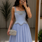 Gentle Blue A Line Shiny Beaded Chiffon Satin Prom Dress Wedding Guest Dress SH6020