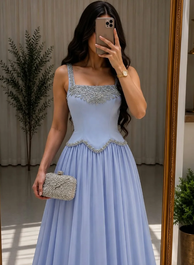 Gentle Blue A Line Shiny Beaded Chiffon Satin Prom Dress Wedding Guest Dress SH6020