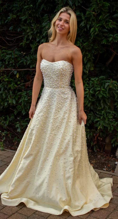 Exquisite Pearl A Line Strapless Light Yellow Satin Long Prom Dress Evening Dress SH8827