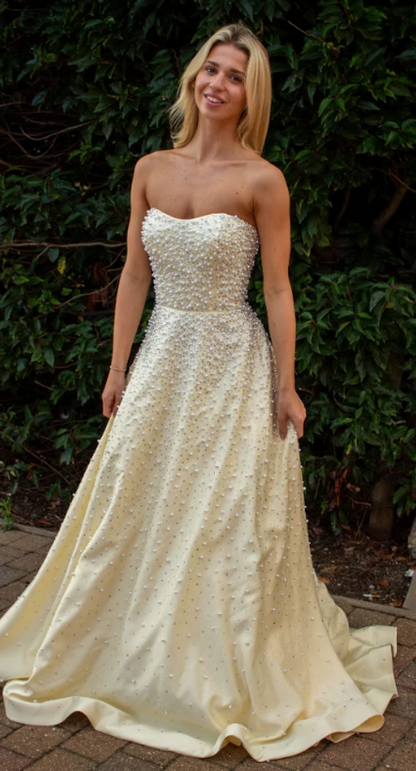 Exquisite Pearl A Line Strapless Light Yellow Satin Long Prom Dress Evening Dress SH8827