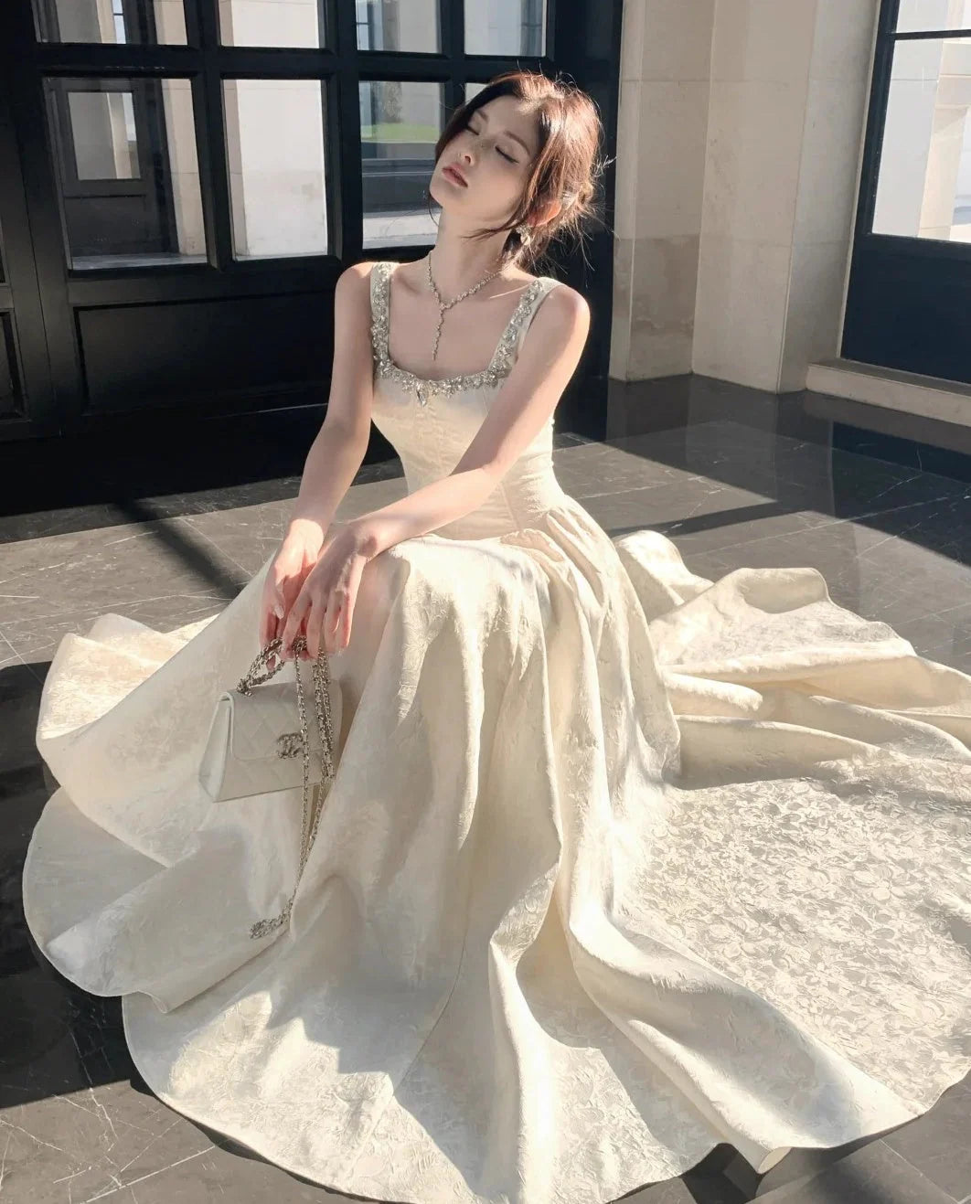 Elegant Prom Dress Square Neck Pleated Crystal Gala Gown Shcool Cocktail Outfits Evening Dresses SH8984