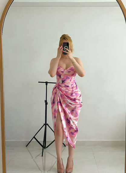 Sweety Pink Print Sheath Strapless Pleated Satin Prom Dress Evening Dress SH6886