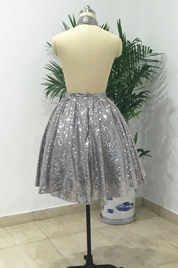 Silver Sexy Halter Sequined Backless Short Homecoming Dress, Sparkly Party Dress SH784