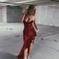Burgundy Sheath Spaghetti Strap Ruffle Satin Open Back Prom Dress Party Dress SH4014