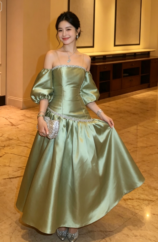Sage Green A Line Off the Shoulder Beaded Satin Prom Dress Evening Dress SH5523