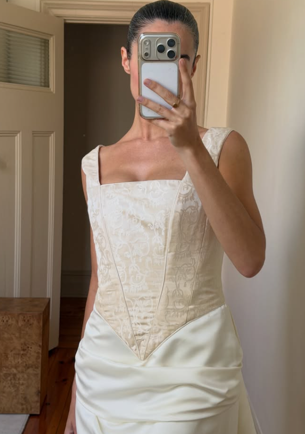 Vintage Simple A Line Square Neck Apricot Print Satin Wedding Dress SH8471
