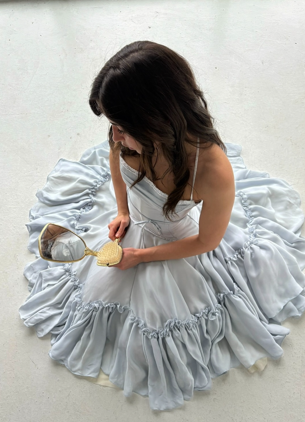 Grey-blue A Line Halter Corset Chiffon Backless Long Prom Dress Evening Dress SH8509