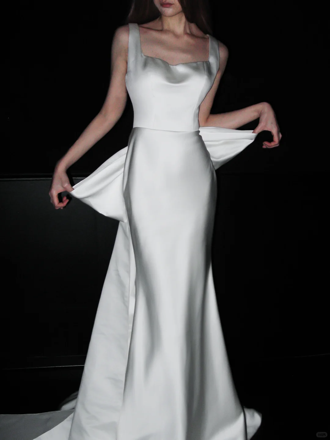 Big Bowknot Mermaid Strap White Lace Satin Long Wedding Dress SH8926