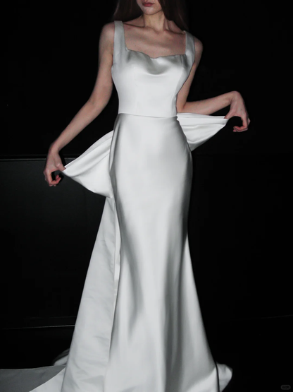 Big Bowknot Mermaid Strap White Lace Satin Long Wedding Dress SH8926
