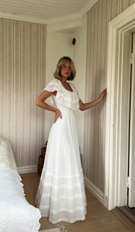 Princess A Line Square Neck White Lace Chiffon Prom Dress Wedding Dress SH7079