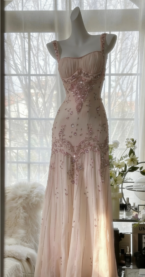 Ivory A Line Straps Beaded Chiffon Long Prom Dress Graduation Prom Dress SH2562