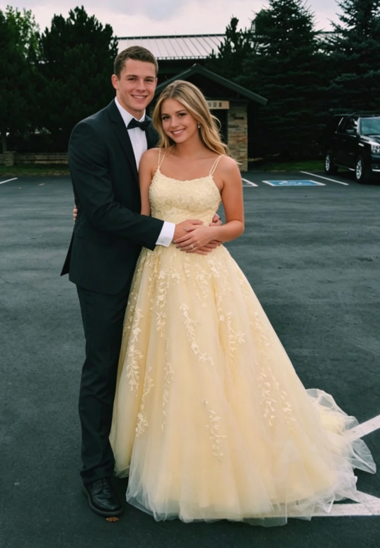 Hot Yellow A Line Straps Lace Tulle Long Prom Dress Graduation Prom Dress SH046