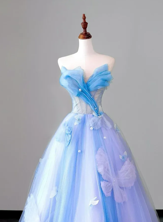 Blue-purple Ombre Ball Gown Strapless Butterfly Tulle Prom Dress Quinceanera Dress SH7167