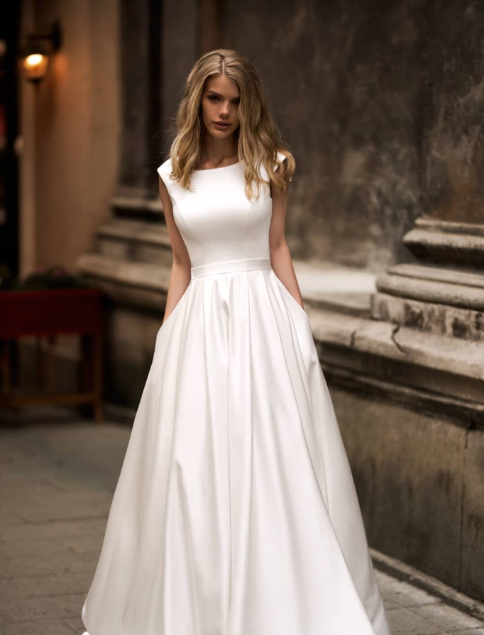 Simple A Line Round Neck White Satin Long Wedding Dress SH6044