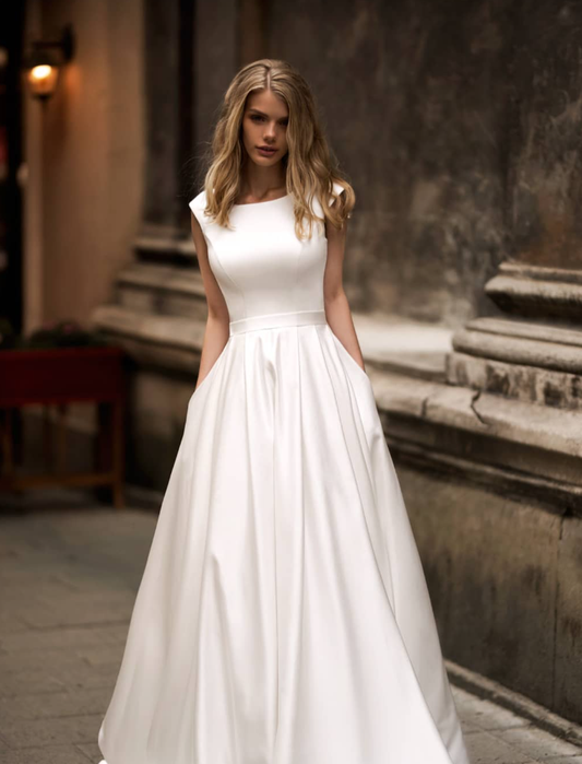 Simple A Line Round Neck White Satin Long Wedding Dress SH6044
