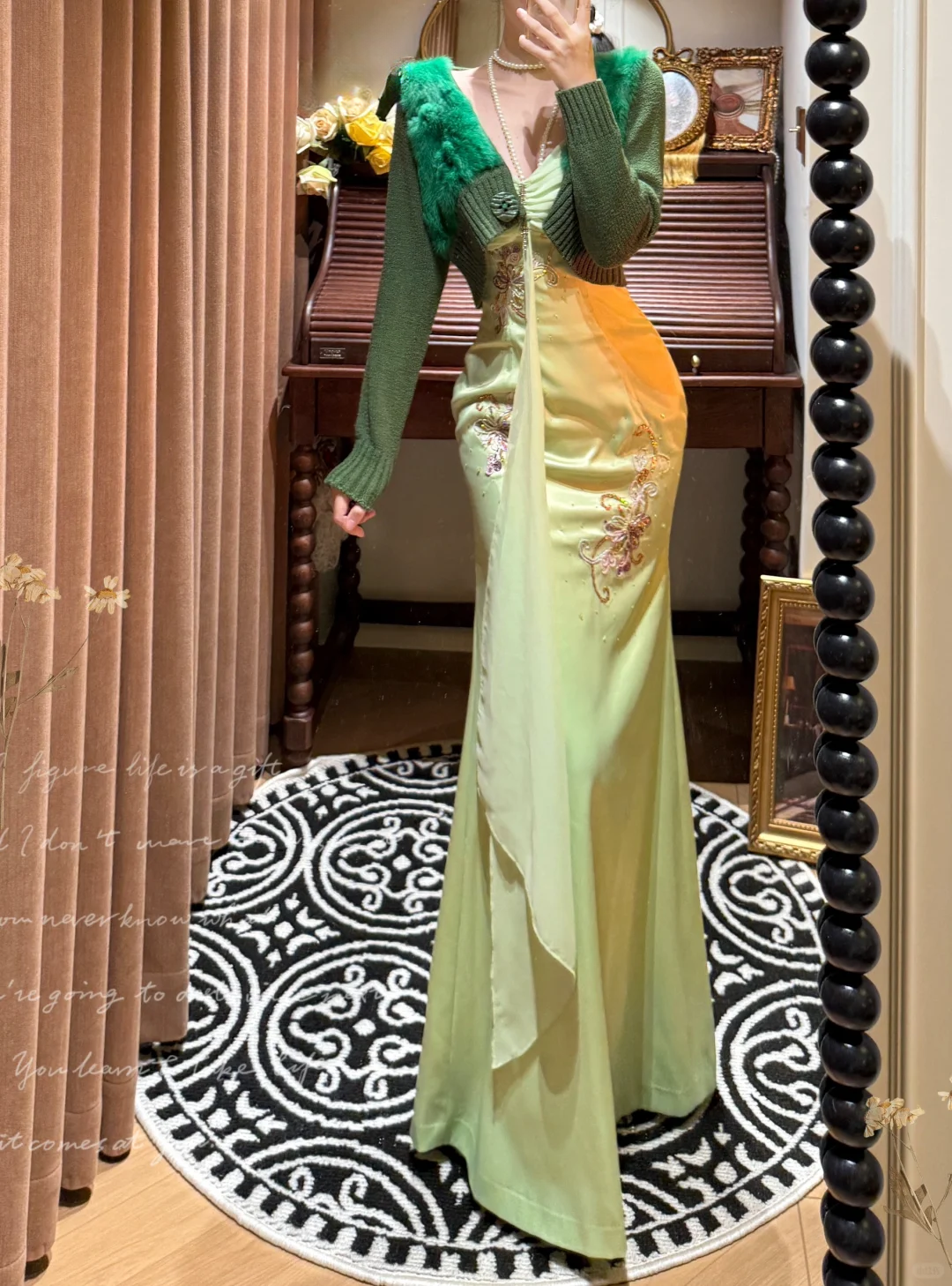 Green Mermaid Spaghetti Strap Beaded Chiffon Satin Long Prom Dresses SH4632