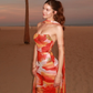 Romantic Orange Print Sheath Strapless Chiffon Long Prom Dress Evening Dress SH7567